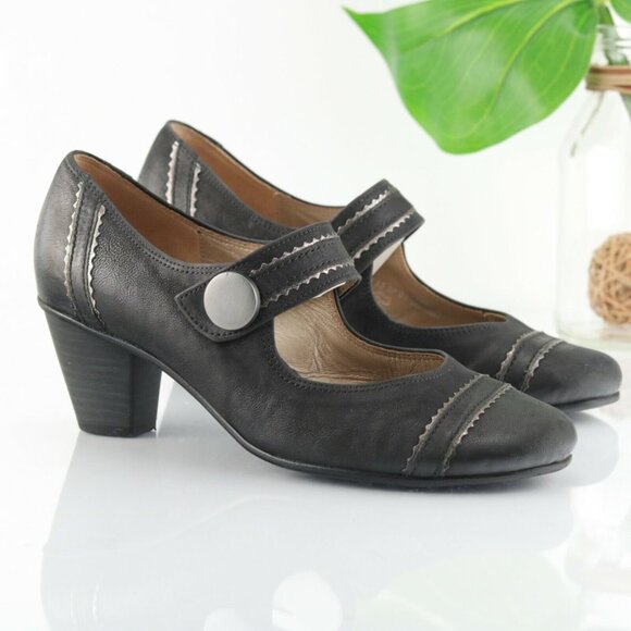 Gabor Womens Nola Mary Jane Pump Size 8 Black Leather Block Heel Retro Cap Toe - Picture 1 of 10